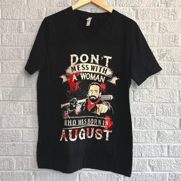The Walking Dead Tops - Funny August Birthday Graphic Tee Womens Large Black Negan Zombie Style